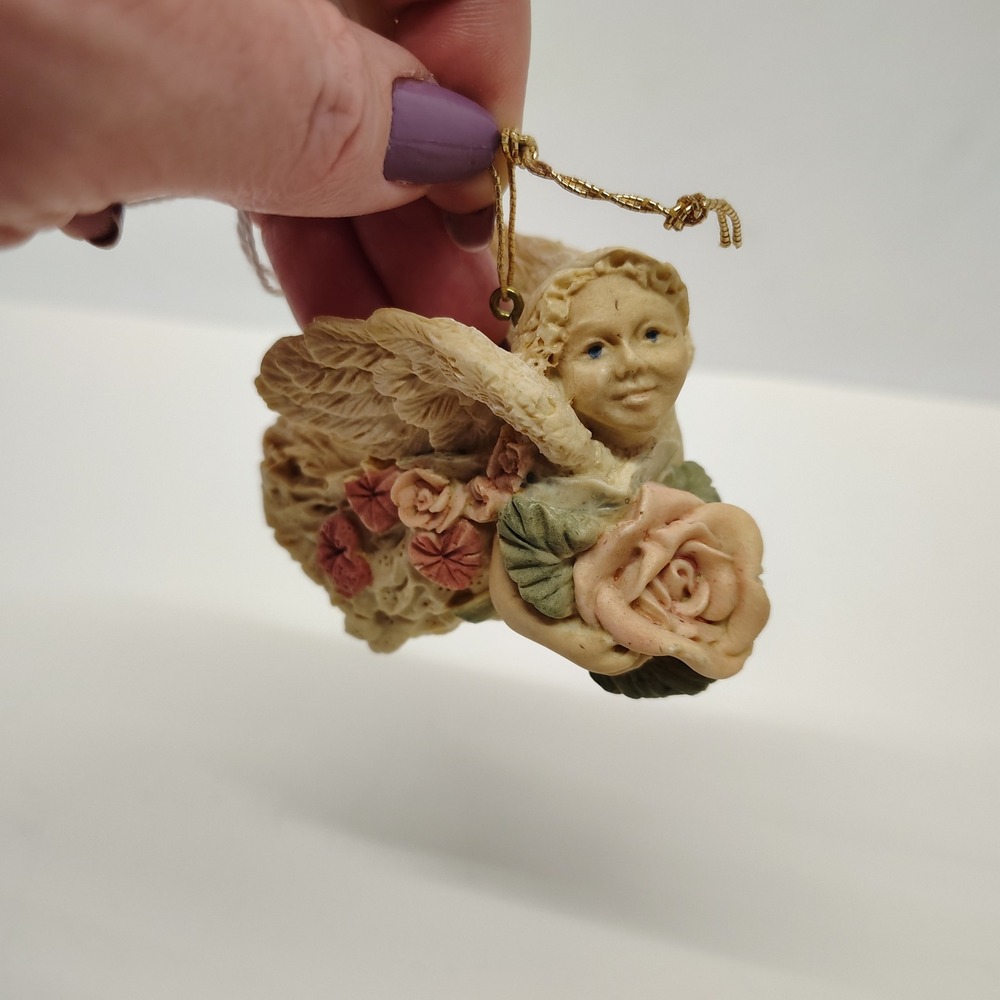 Vtg Angel Ornament Holding Rose Flower Cherub 3.5" Long Decoration Resin Angelic